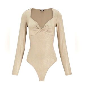 BNWT Express BodyContour Metallic Twist Front Thong Bodysuit Gold Pink Champagne